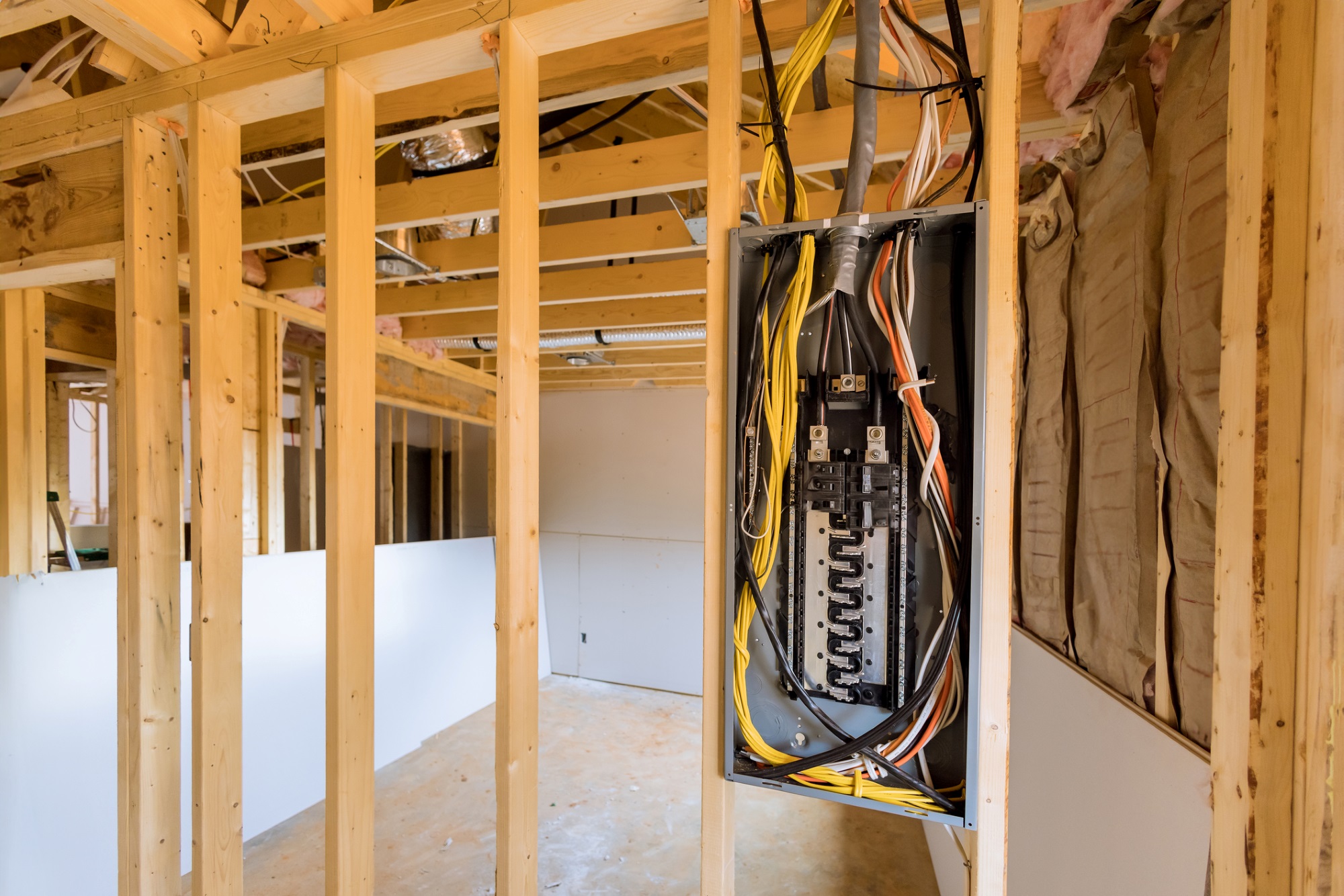 Commercial new construction electrical setup with panels and wiring by Preferred Electrical Services, LLC