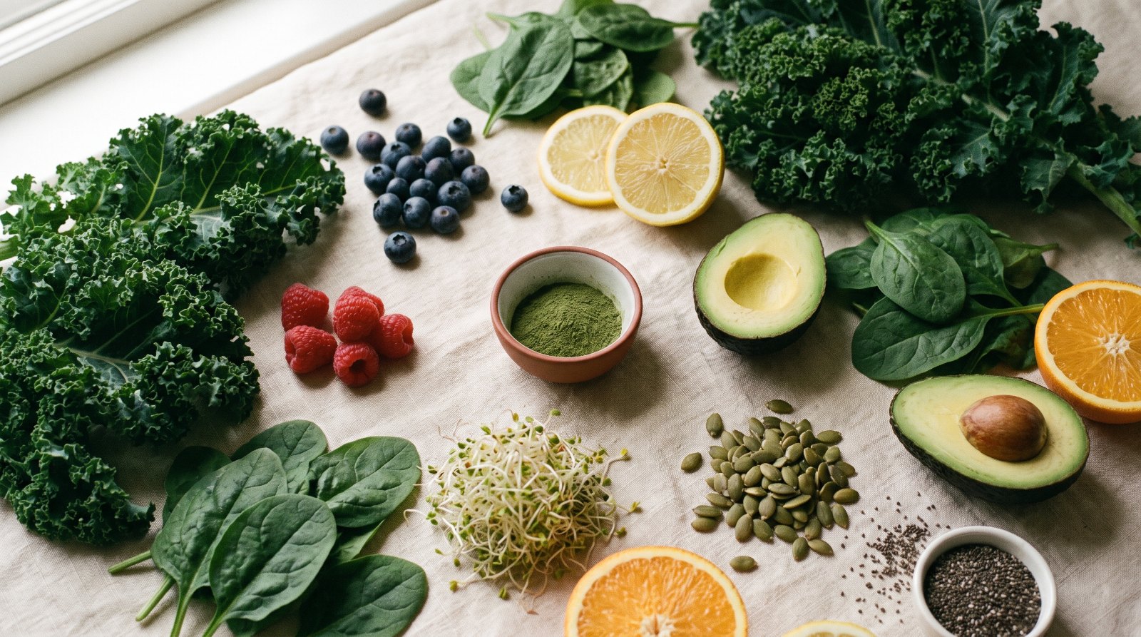 Fresh organic superfoods — leafy greens, berries, avocado and seeds