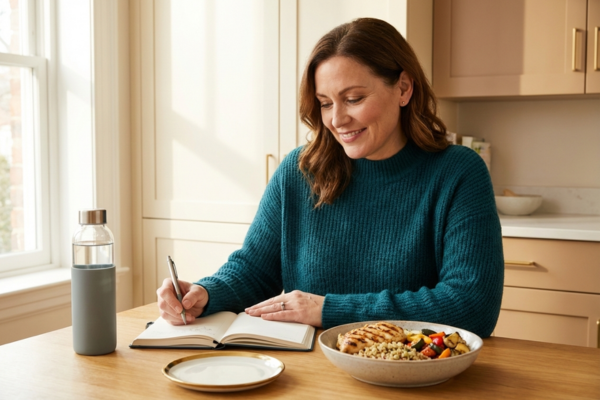 Midlife woman preparing a healthy protein-focused meal while following a GLP-1 medical weight loss plan.