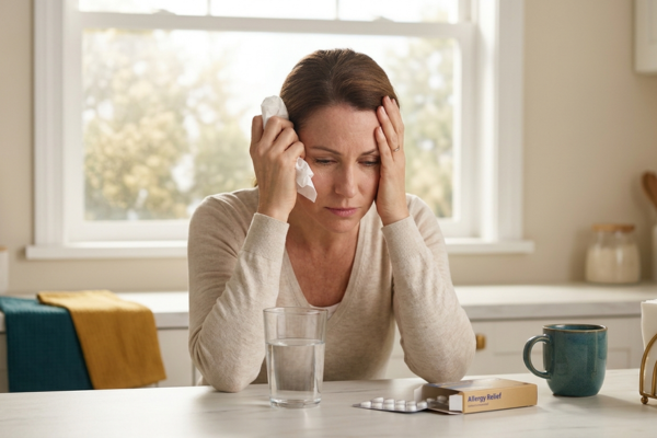 Midlife woman looking exhausted while managing allergy symptoms with tissues and medication at home
