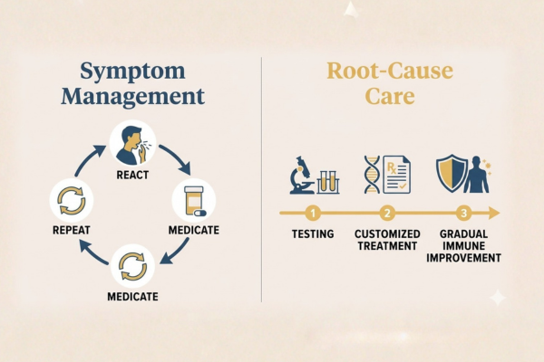 Educational comparison graphic showing the cycle of symptom management versus a root-cause allergy care approach with testing and personalized treatment