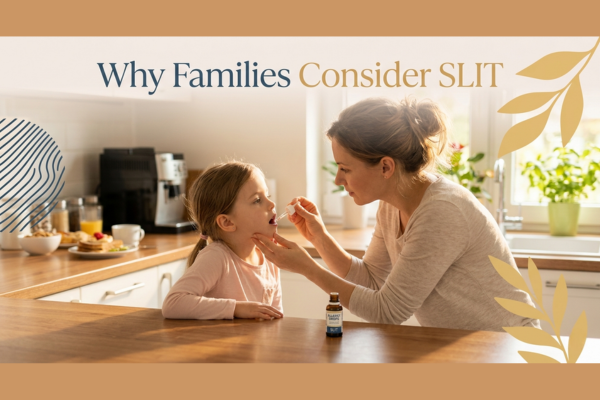 Parent helping a young child take allergy drops at home in a calm kitchen routine Parent helping a young child take allergy drops at home in a calm kitchen routine
