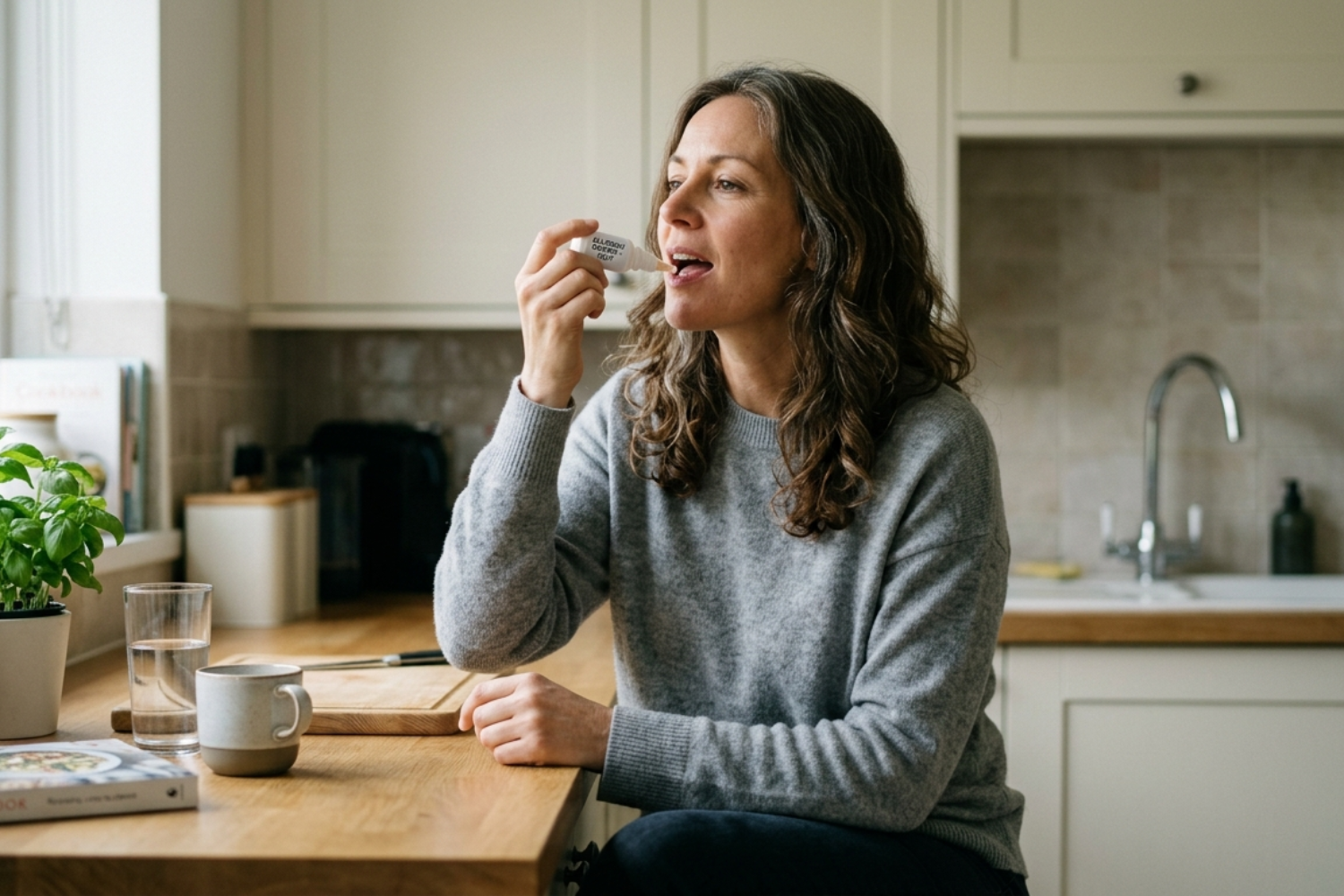 Woman in her mid-40s using SLIT allergy drops at home in a calm kitchen setting
