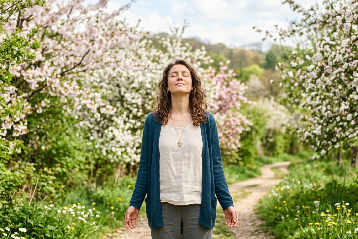 Woman standing outside in spring looking comfortable and symptom-free near blooming trees