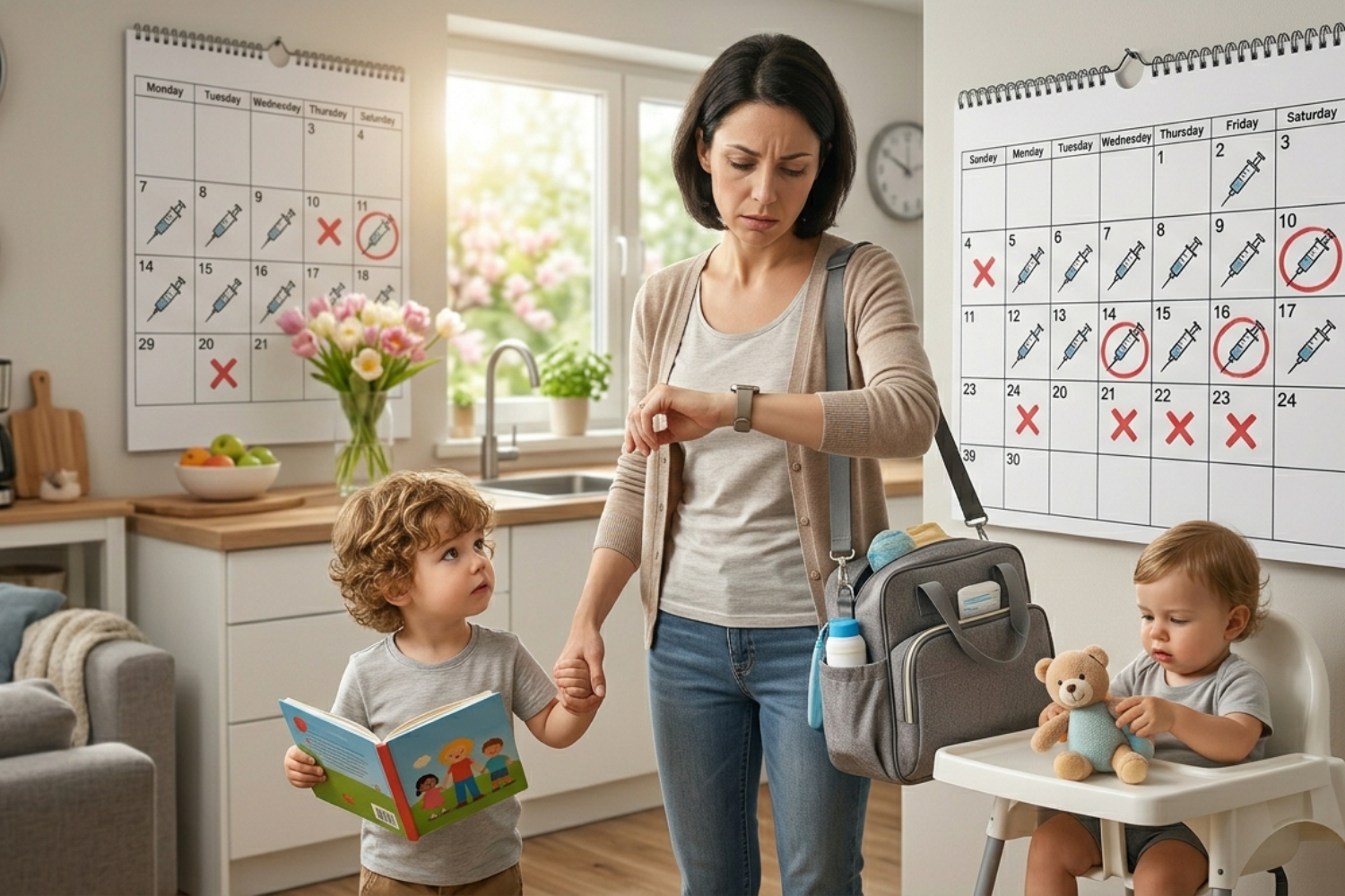 A fatigued mother with a packed diaper bag and children guides them towards a large wall calendar with countless weekly shot icons, visualizing the overwhelming scheduling burden of traditional allergy office visits compared to family life.