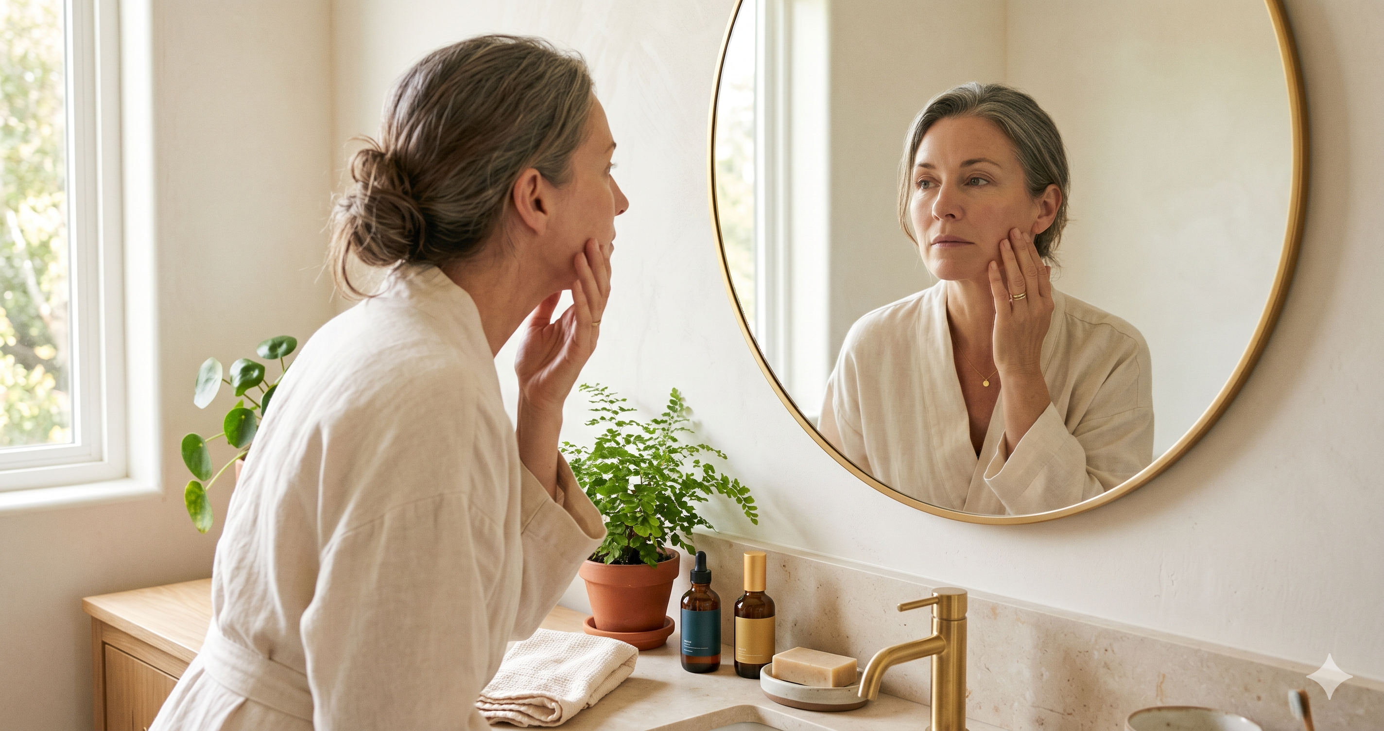 Woman in her 40s looking thoughtfully at her skin in a bathroom mirror, suggesting skin health may reflect internal wellness.