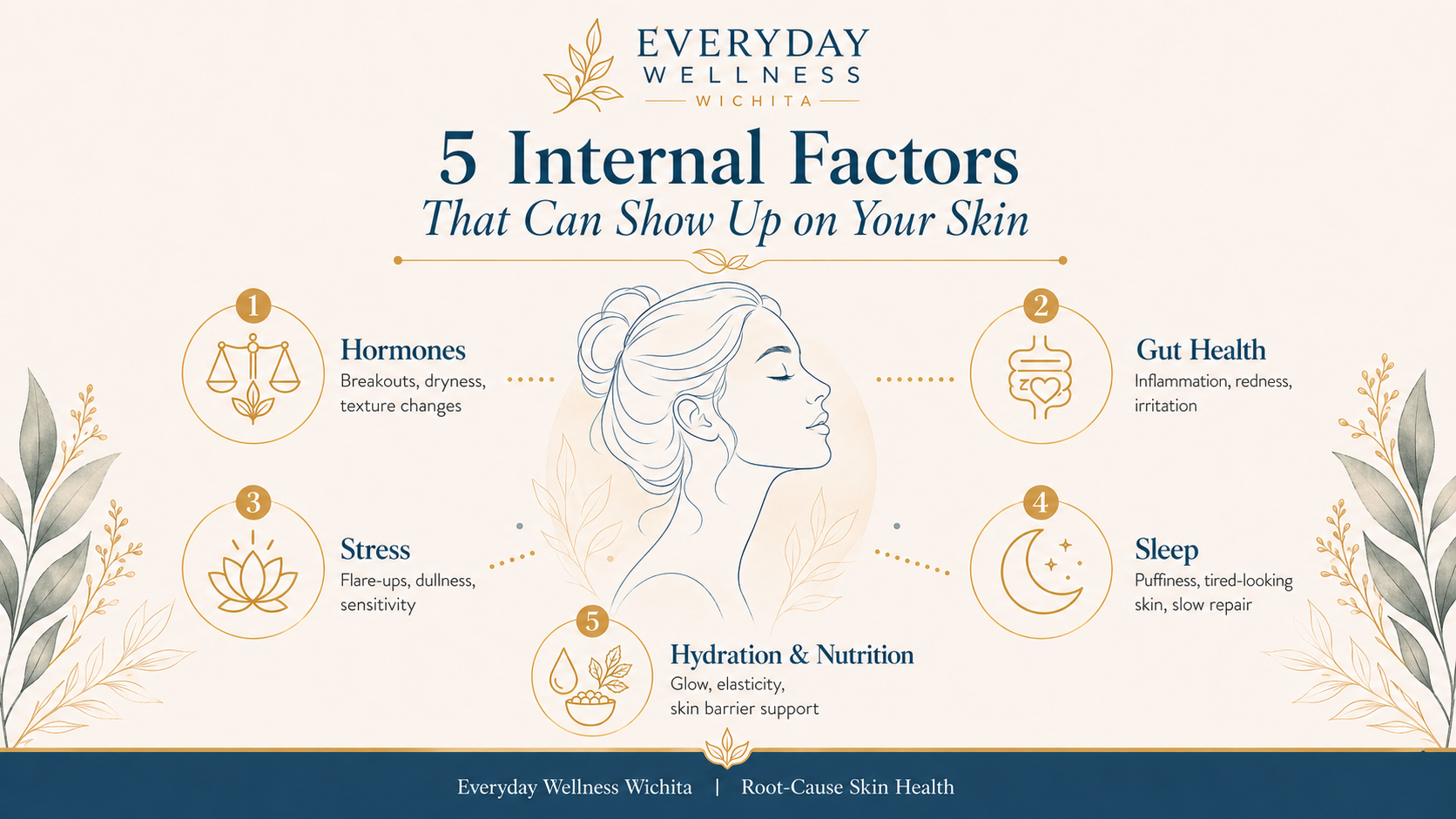 Infographic showing five internal factors that can affect skin health, including hormones, gut health, stress, sleep, hydration, and nutrition.
