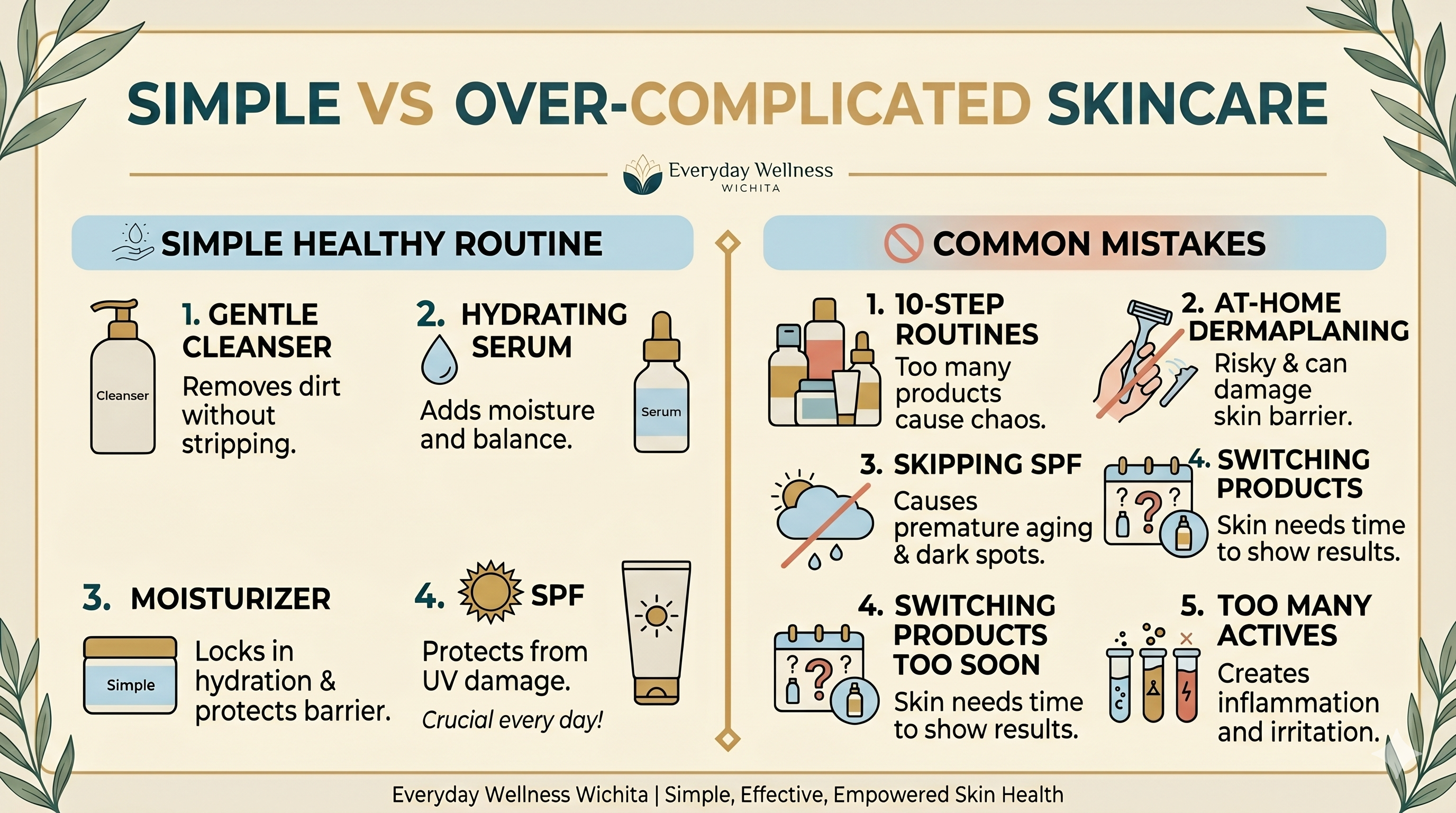Infographic explaining why many skincare routines make skin worse, including over-exfoliating, product switching, barrier damage, and skipping SPF.