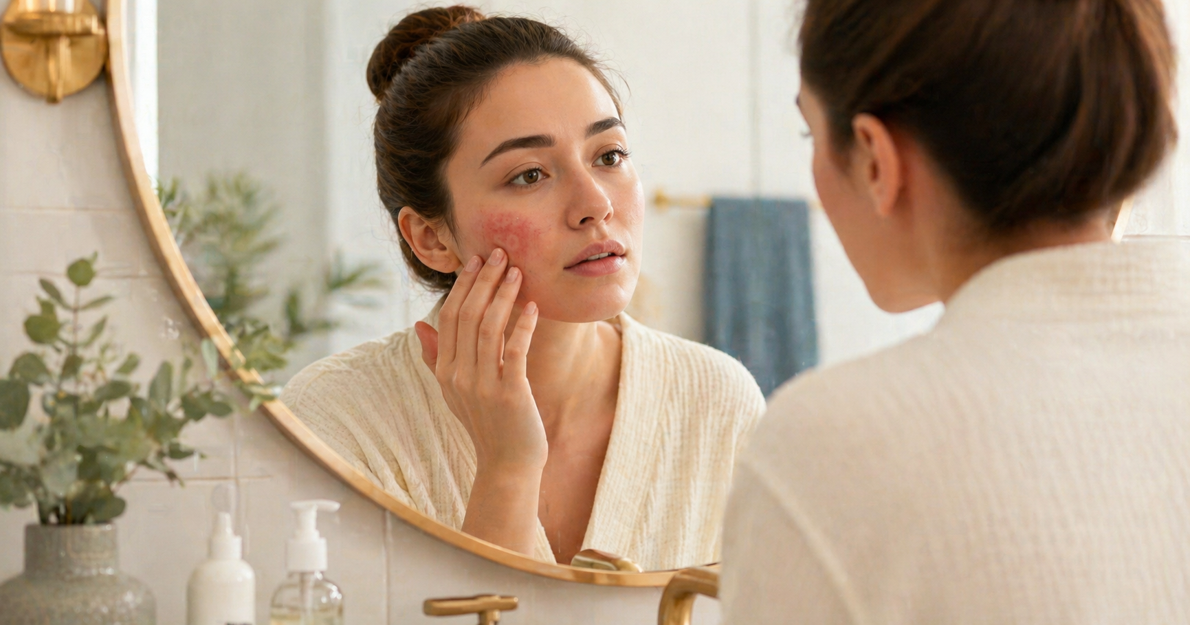Woman looking closely at her skin in a bathroom mirror, suggesting irritation, acne, or skin barrier damage.