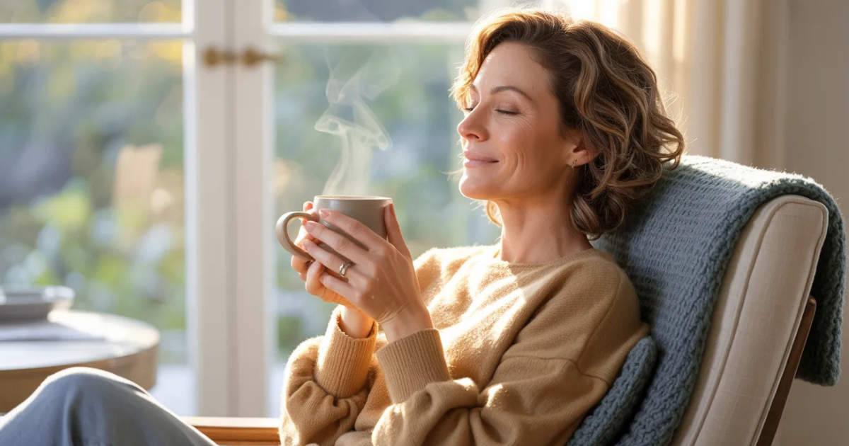 Woman relaxing with tea, eyes closed, calm and restored after stress.