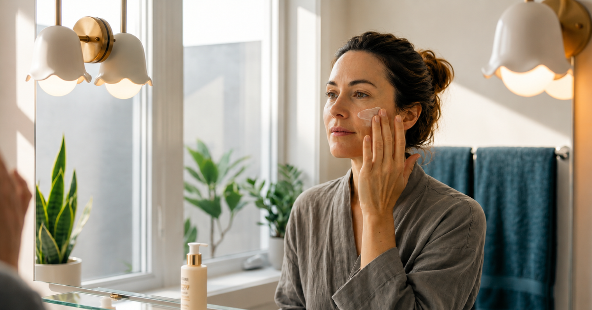 Woman applying sunscreen on a cloudy morning before leaving home