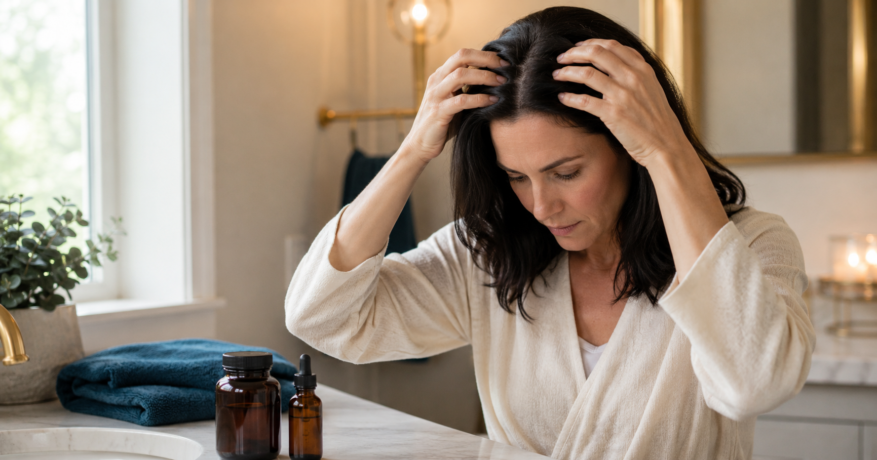Woman in her early 40s examining her scalp in a bathroom mirror with hair care products on the vanity beside her Woman in her early 40s examining her scalp in a bathroom mirror with hair care products on the vanity beside her