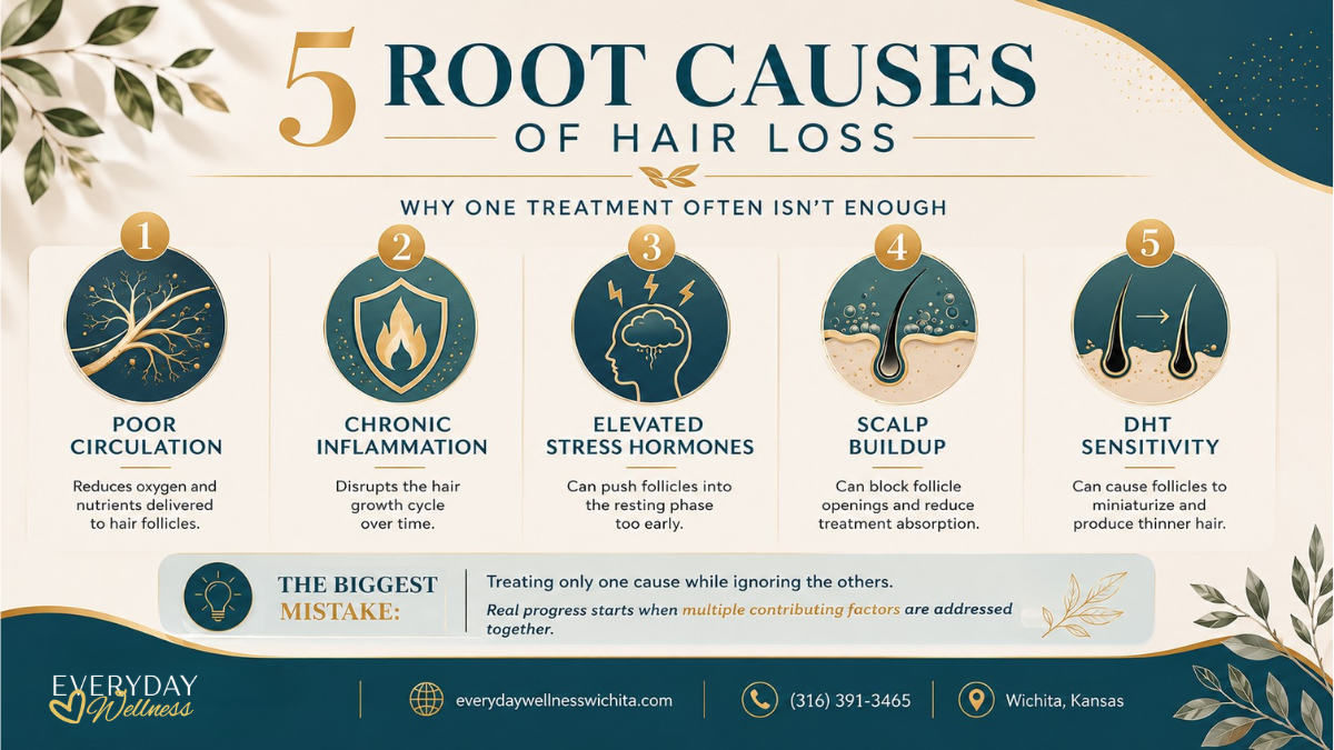 Infographic listing five root causes of hair loss: circulation, inflammation, stress hormones, scalp buildup, and DHT sensitivity Infographic listing five root causes of hair loss: circulation, inflammation, stress hormones, scalp buildup, and DHT sensitivity