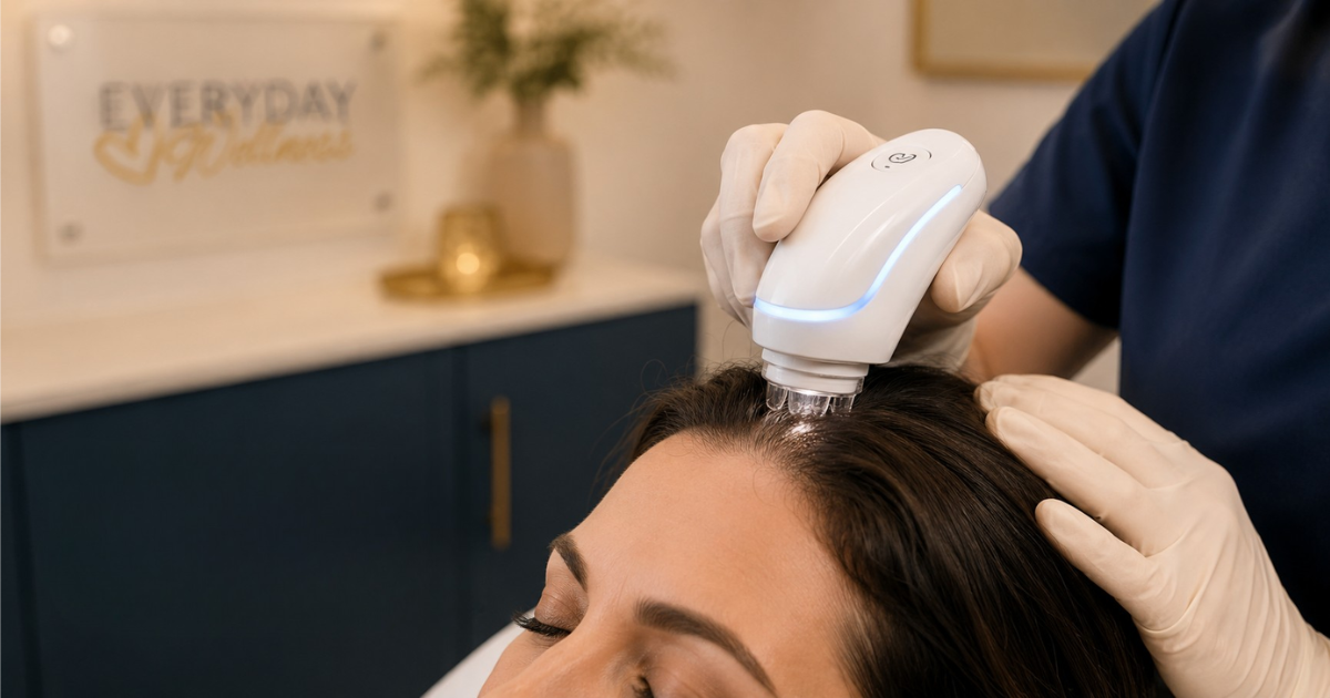 Close view of a needle-free ultrasound scalp device used during an Alma TED hair treatment. Close view of a needle-free ultrasound scalp device used during an Alma TED hair treatment.