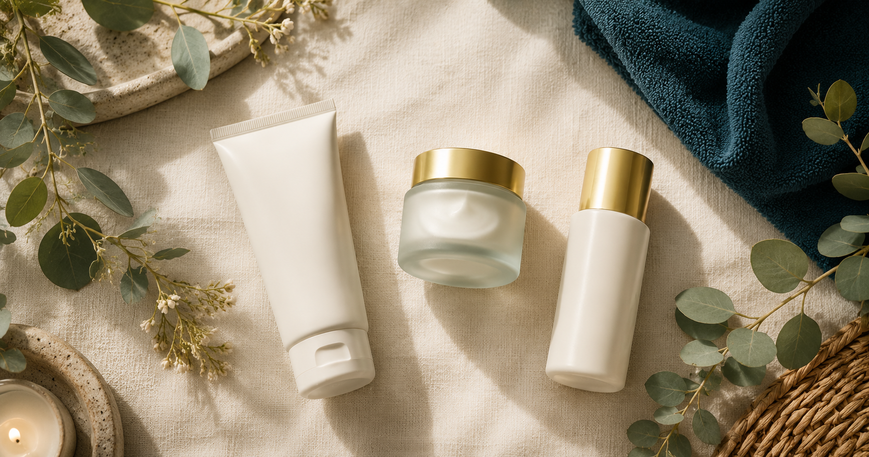 Gentle cleanser, moisturizer, and sunscreen on cream linen with a teal towel and eucalyptus Gentle cleanser, moisturizer, and sunscreen on cream linen with a teal towel and eucalyptus