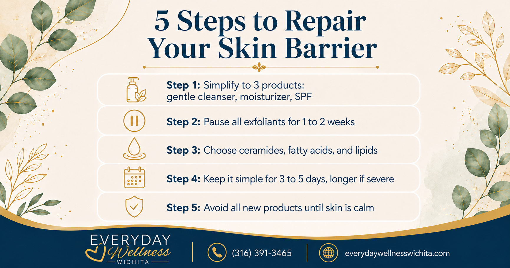 Infographic listing five steps to repair a damaged skin barrier, from simplifying your routine to avoiding new products Infographic listing five steps to repair a damaged skin barrier, from simplifying your routine to avoiding new products