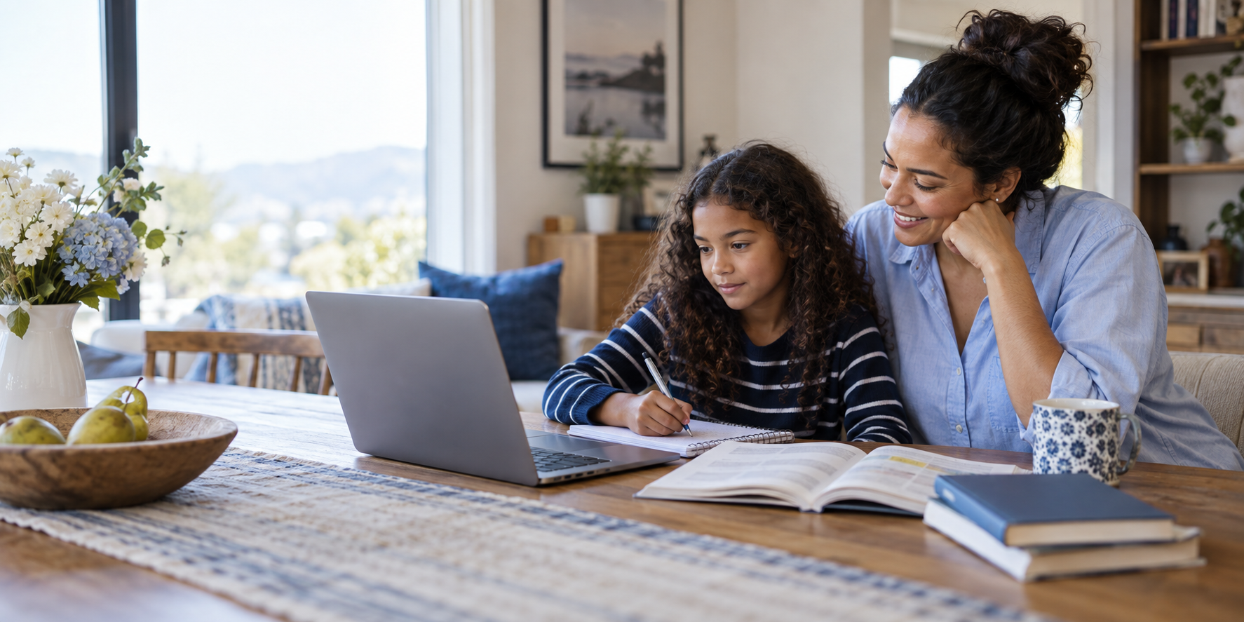 Parent supporting her child during learning at home