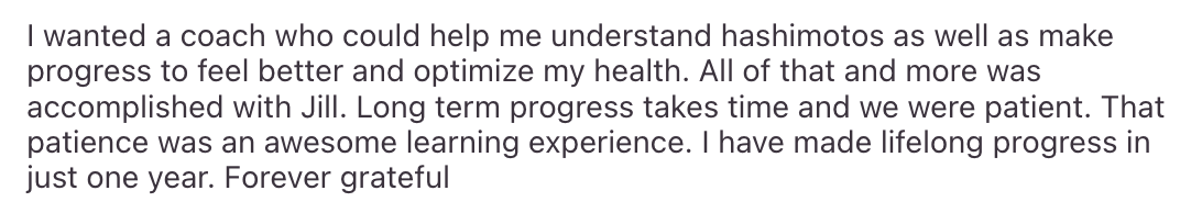 Client testimonial about Hashimoto's progress