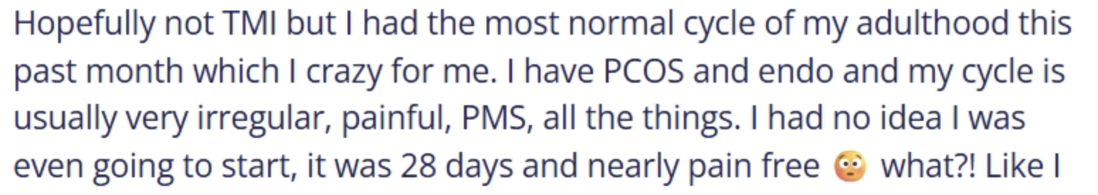 Client testimonial about restored cycle with PCOS