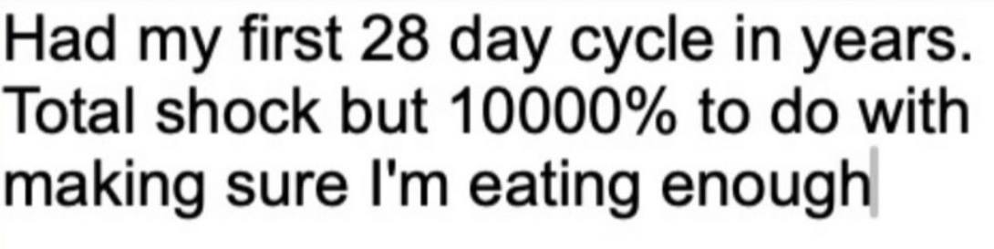 Client testimonial about first 28-day cycle in years