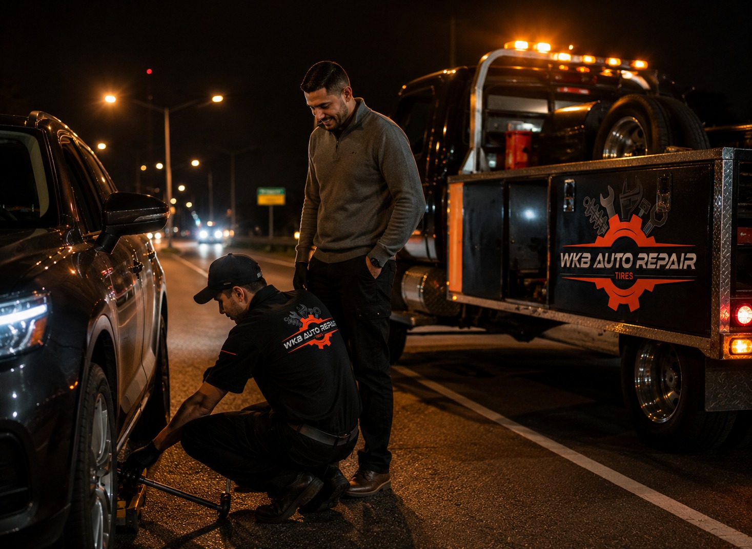 WKB Auto Repair service bay with technicians working on two vehicles