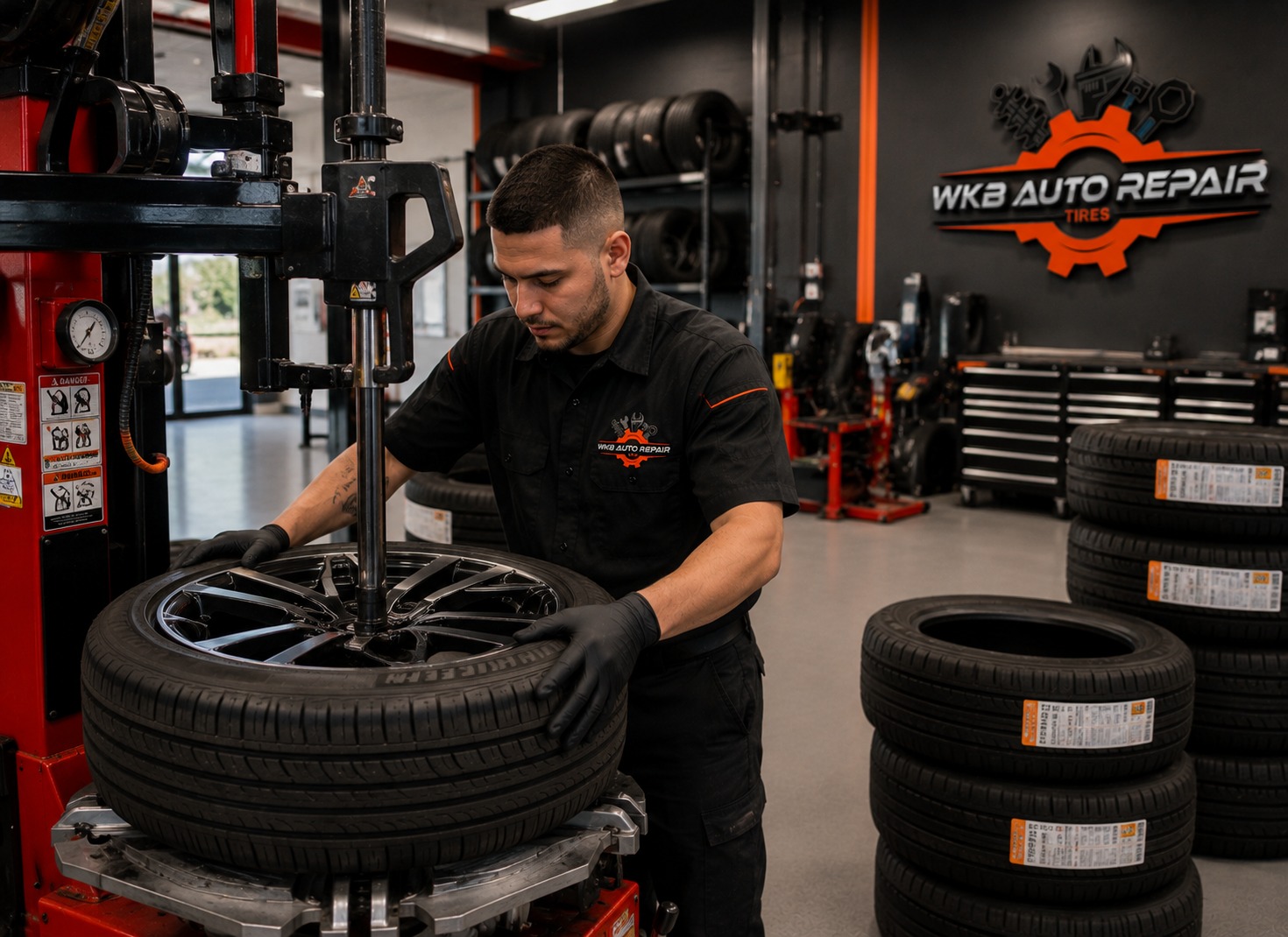 WKB technician mounting a tire in the shop