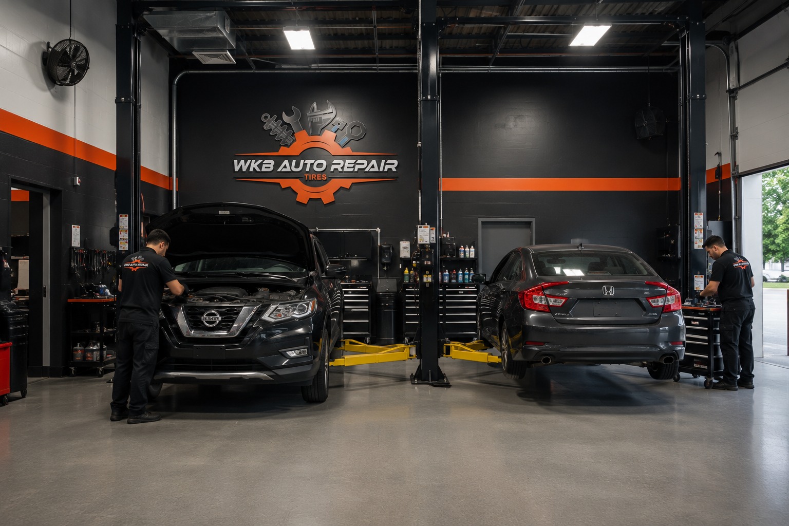 WKB technician performing a brake repair on a lifted vehicle