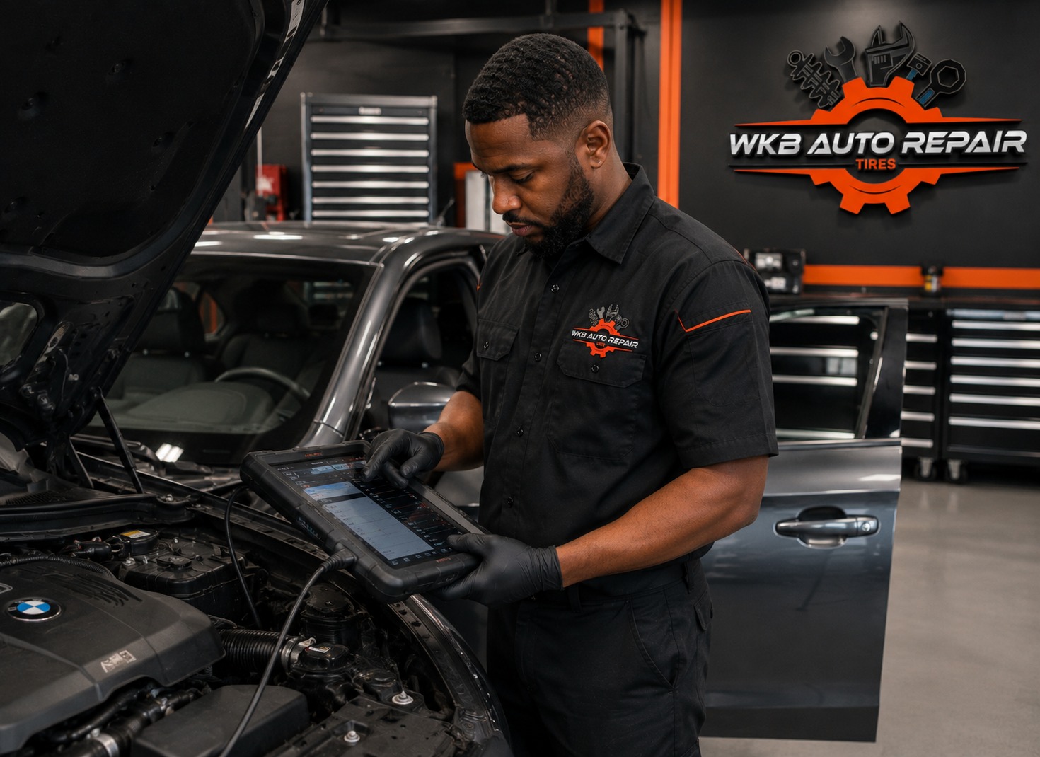 WKB technician using diagnostic tablet under the hood of a vehicle