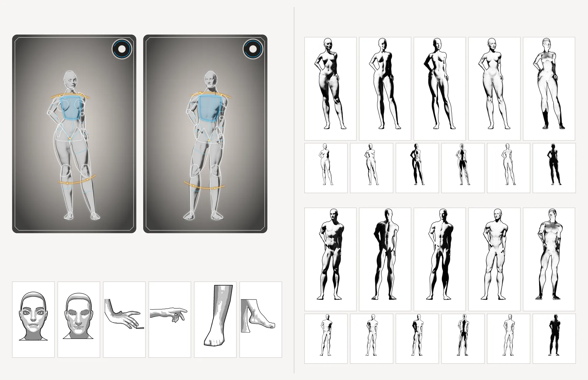 Mockup of an Art Hacking Anatomy book spread with a pose shown from front and back