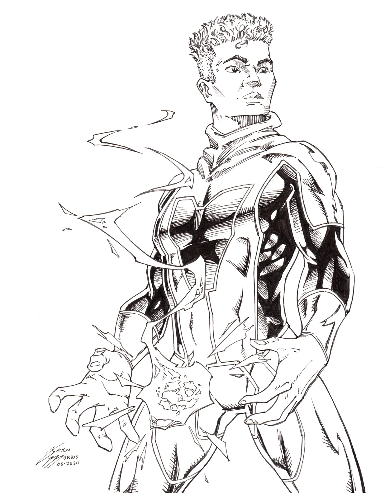 Inked 90s-style superhero by Javen Morris