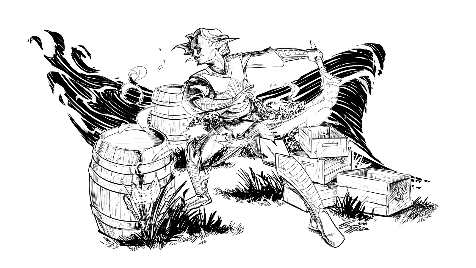 Flame Rogue, an inked action illustration by Javen Morris