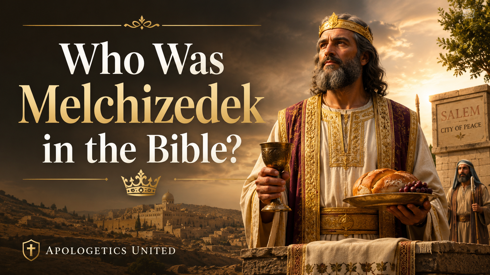 Featured image for a Christian blog about Melchizedek showing a regal priest-king holding bread and a cup in front of ancient Salem, with the title Who Was Melchizedek in the Bible and Apologetics United branding.