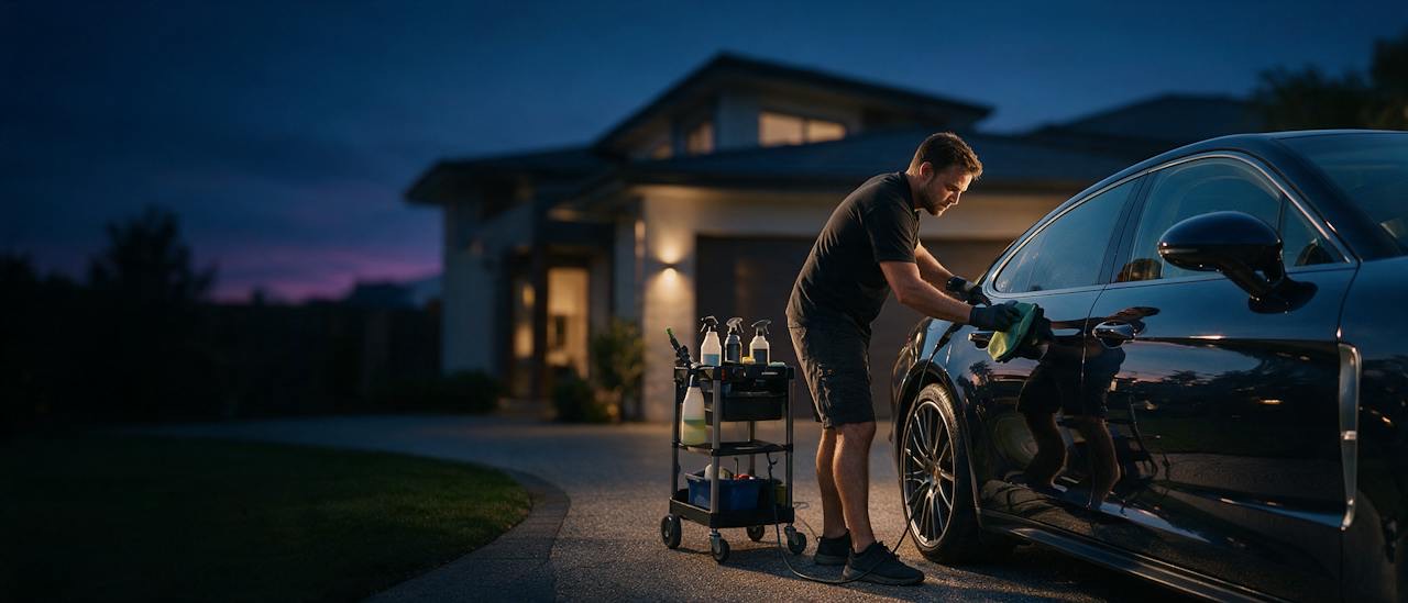 MACH10 technician coating a car in a driveway at dusk