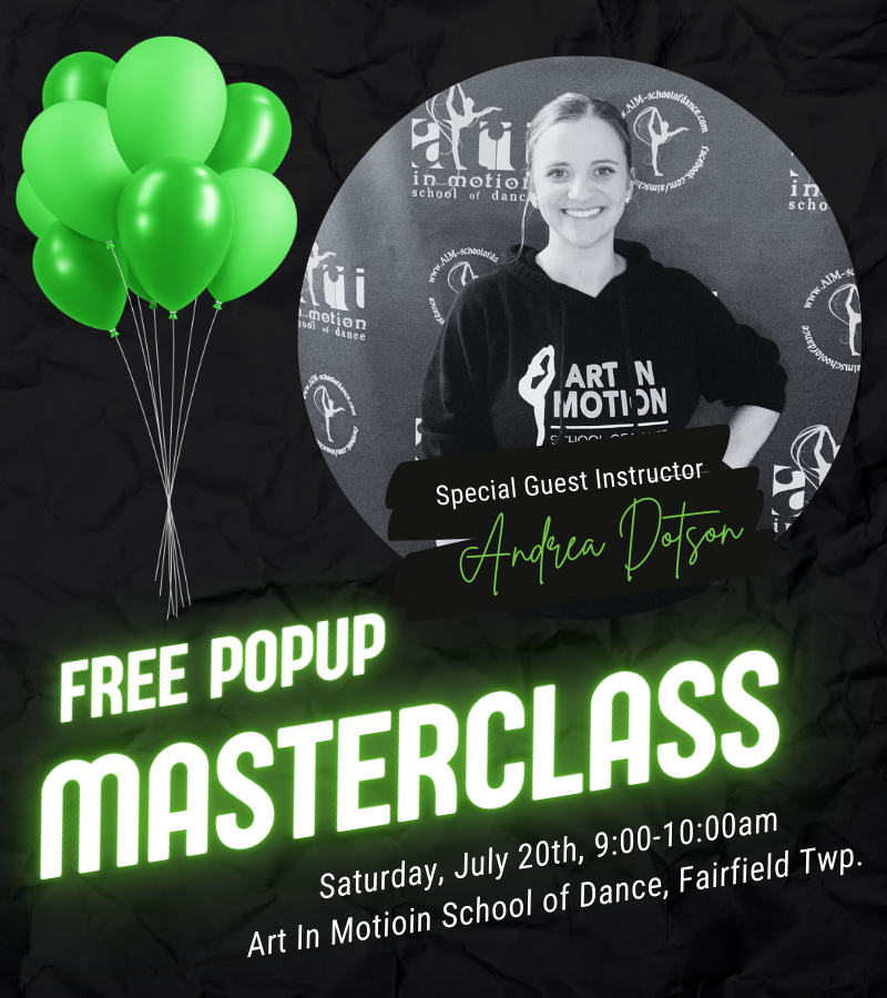 A promotional poster for an "adult dance class masterclass" event featuring special guest instructor Andria Dotson, scheduled for Friday, March 8, 2024, with an admission price of $15, that is a donation to a scholarship fund.