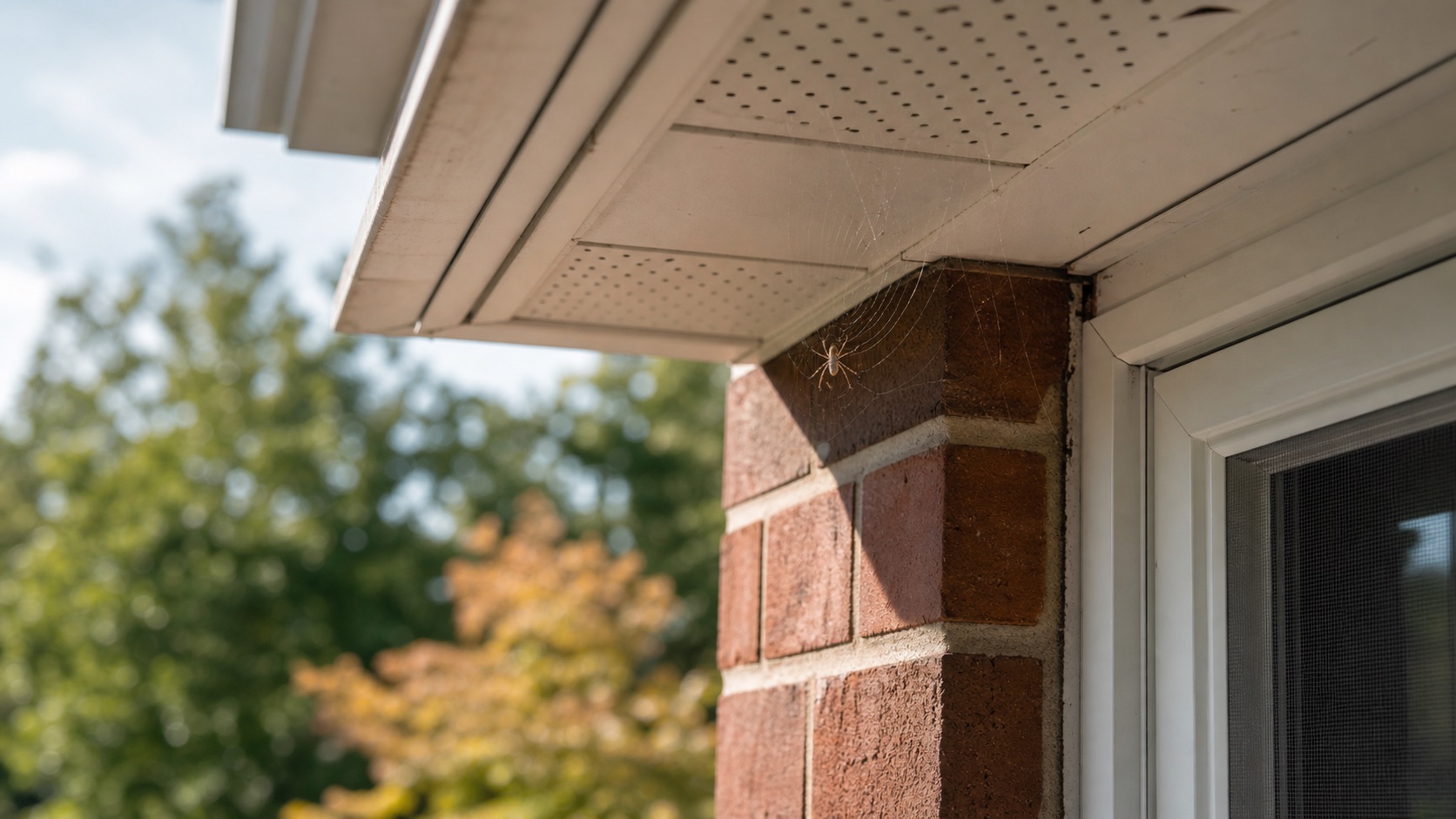 Spider web beneath the soffit beside an exterior window