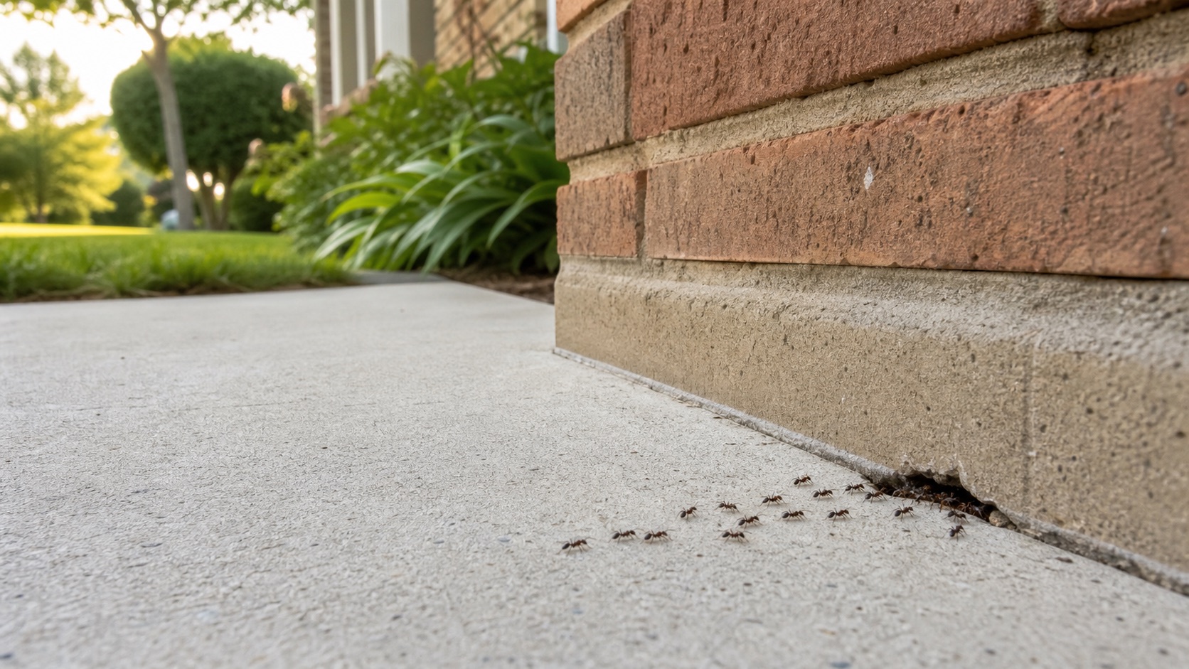 Ant trail entering a gap beside a brick home foundation