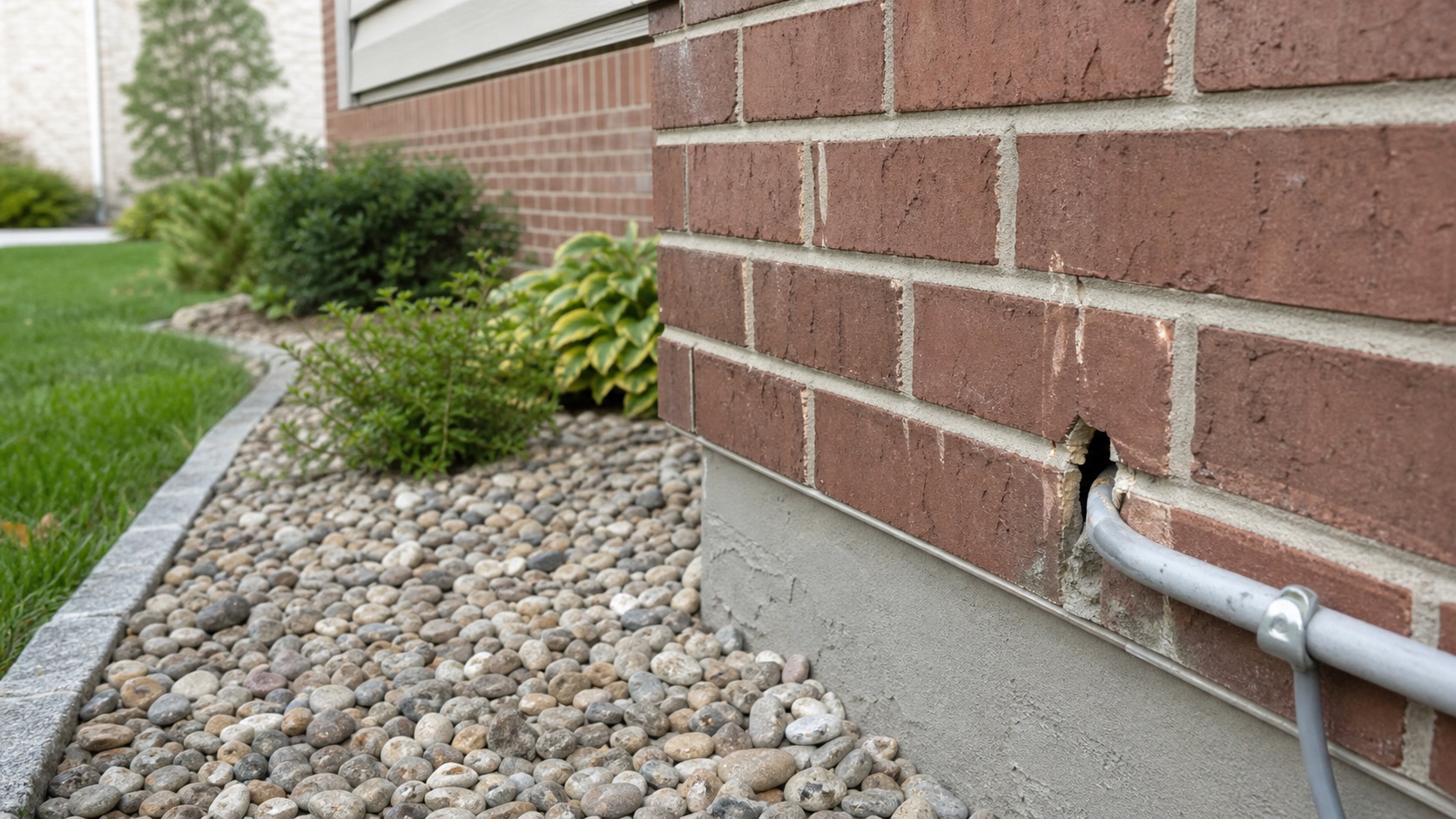 Unsealed utility gap in a brick exterior that may allow pest entry