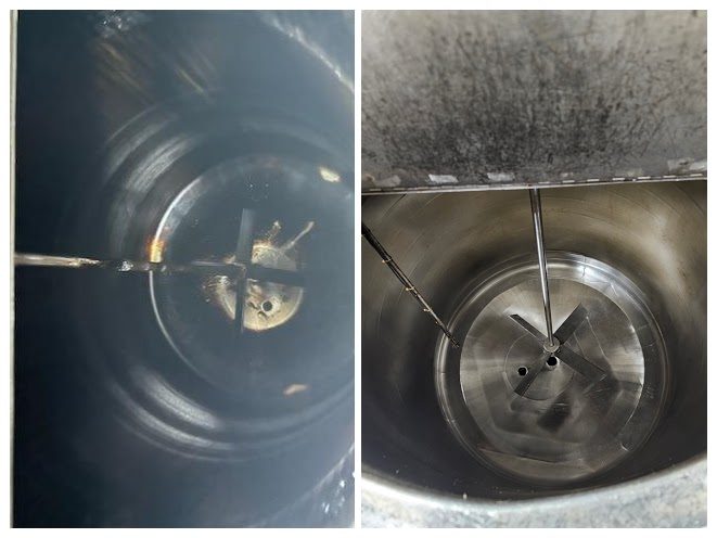 Before and after: a mixing tank interior cleaned from blackened residue down to bright stainless.