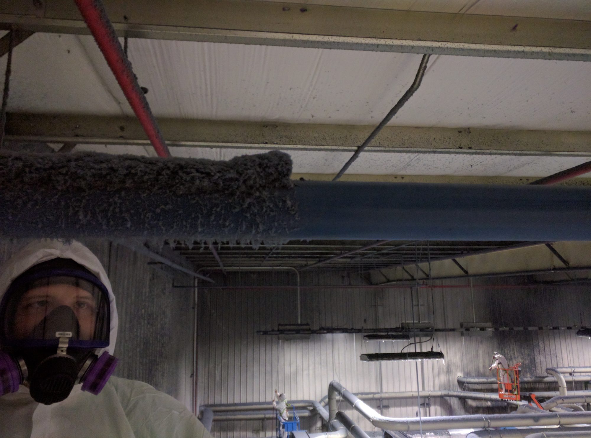 Tyvek suit, full-face respirator, and gloves: the PPE our crews wear for heavy residue work overhead.