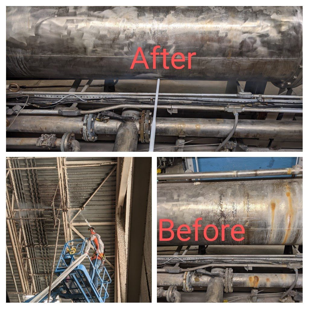 Overhead pipe before and after dust cleaning