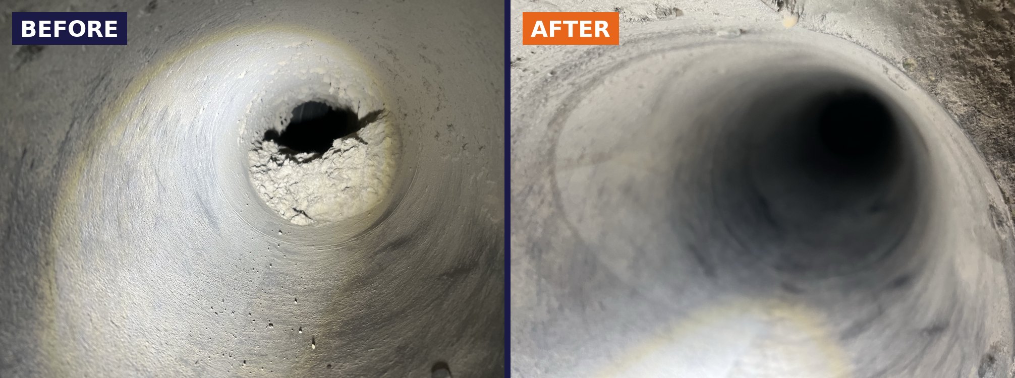 Round supply duct before and after: lint-packed walls, then wiped back to bare metal.