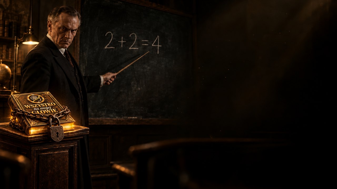 Surowy nauczyciel przy tablicy z działaniem 2+2=4 i książka „Wszystko na mojej głowie” zamknięta na łańcuch i kłódkę