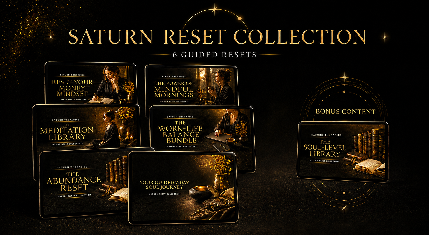 The complete Saturn Reset Collection: 6 guided resets plus the Soul Level Library bonus