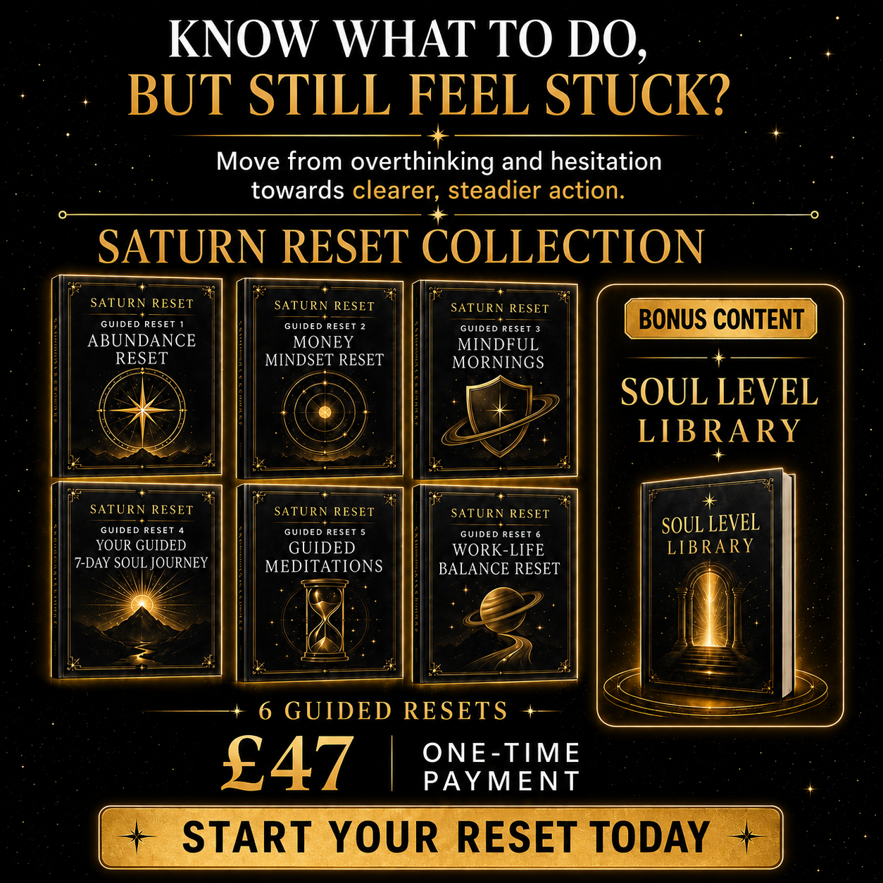 The complete Saturn Reset Collection: 6 guided resets plus the Soul Level Library bonus