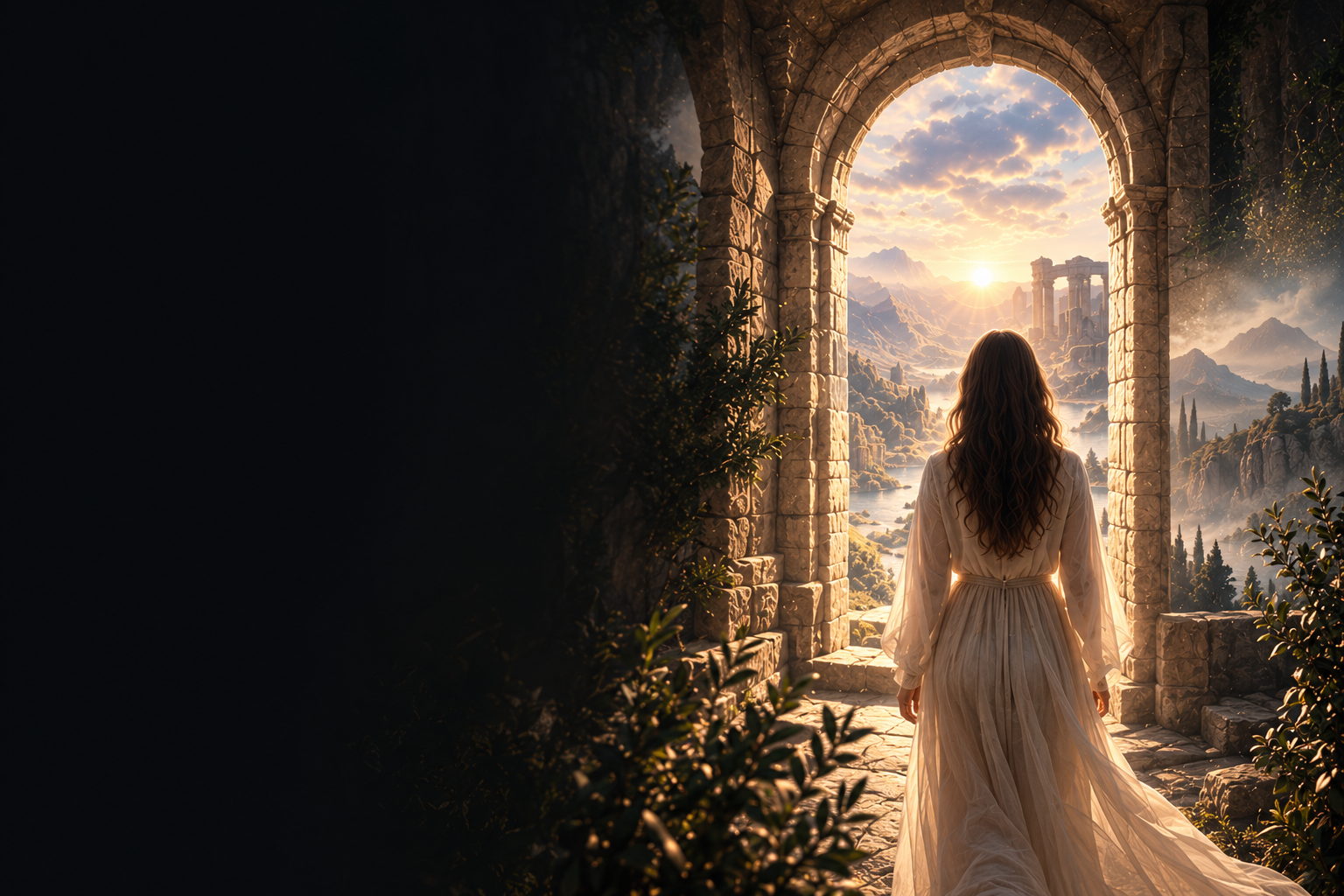 An atmospheric stone doorway opening onto a warm golden landscape, symbolising discovery and transformation