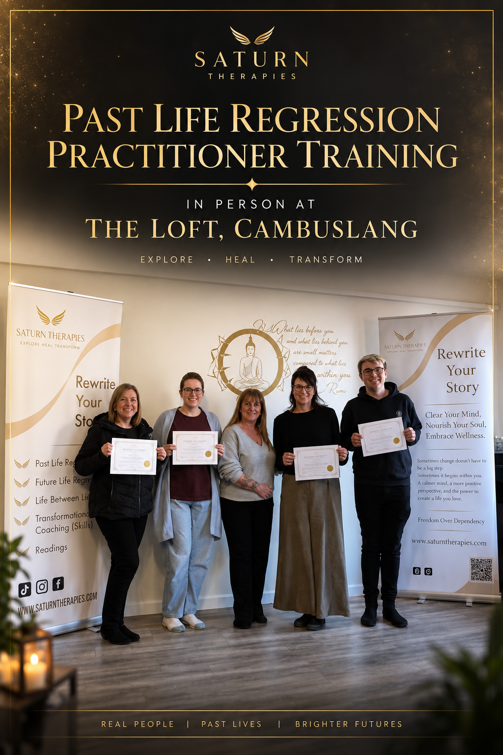 Previous students holding their Past Life Regression Practitioner certificates