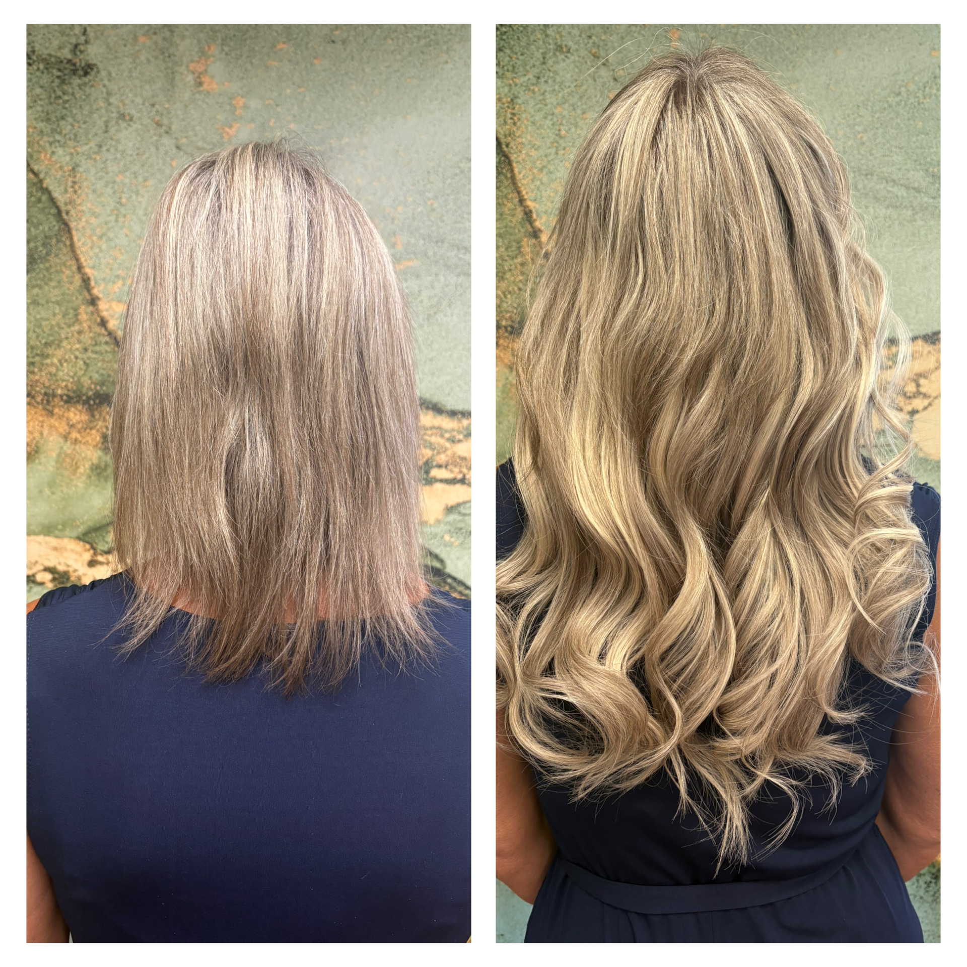 Before and after hair extensions and custom color by Jessica Young — dull bronde hair to vibrant dimensional balayage with volume and length, full head visible