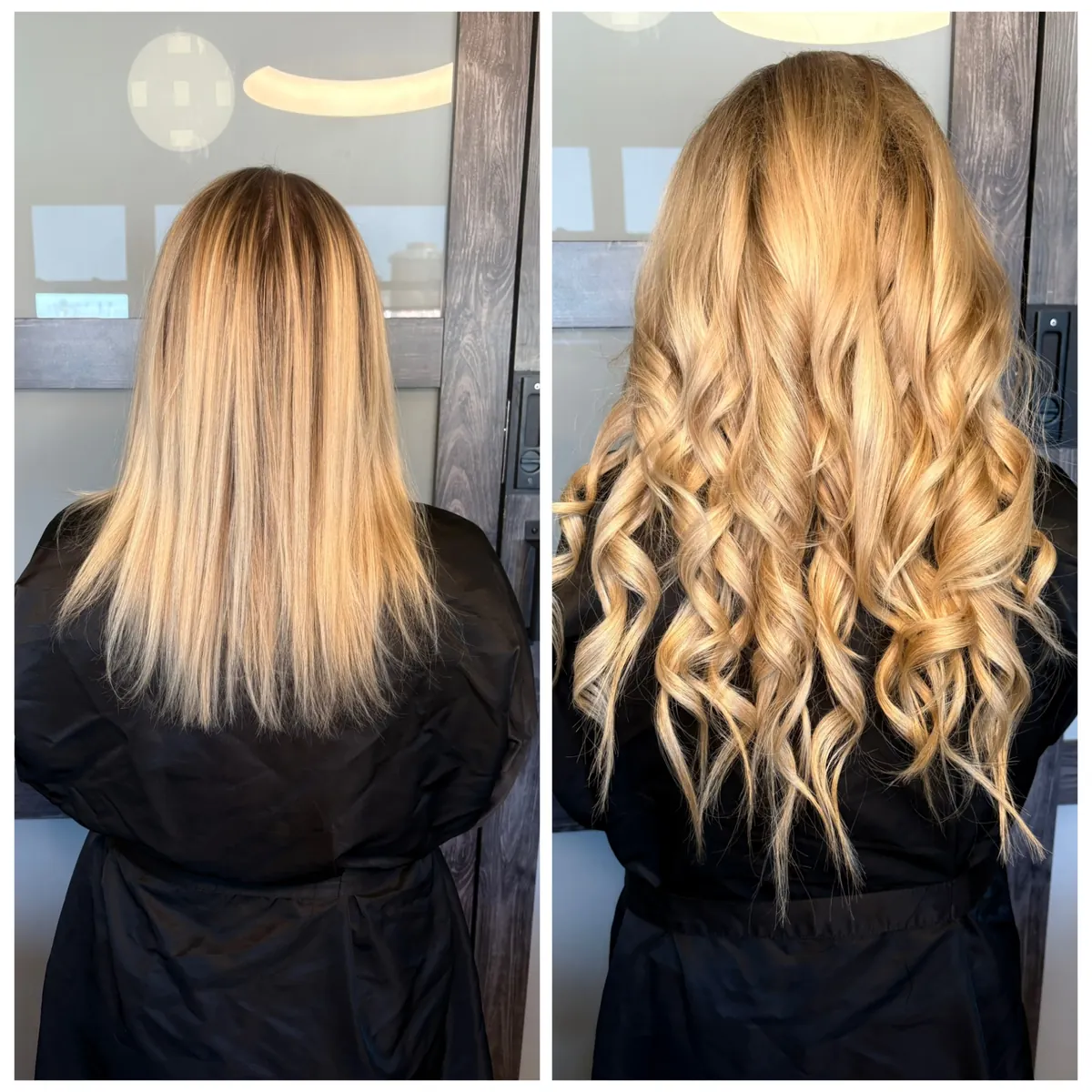 Before and after Micro-Beaded Flex Weft hair extensions by Jessica Young — flat mid-length brown hair transformed into long dimensional caramel-toned waves, full head visible