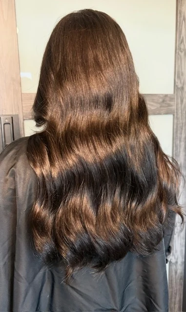 Root retouch and gloss color service by Jessica Young — seamless regrowth coverage with shine, full head visible