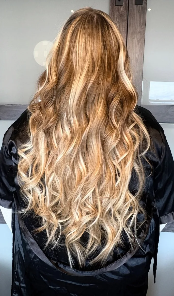 K-Tip hair extension installation by Jessica Young — keratin bond extensions for length and volume, full head visible